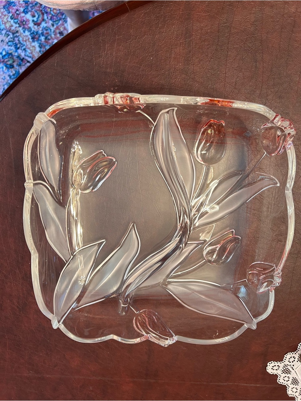 Crystal divided dish Juliana pattern frosted leaves and pink tulips by Mikasa.